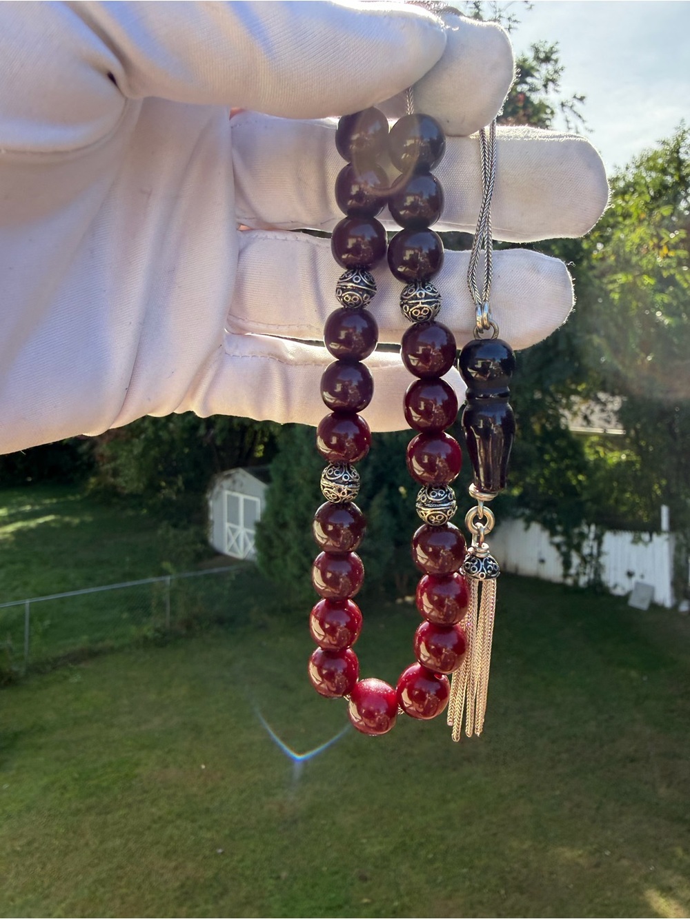 Vintage Cherry Red Bakelite Faturan Tesbih 21 Beads 11.23mm Silver Misbaha 31g